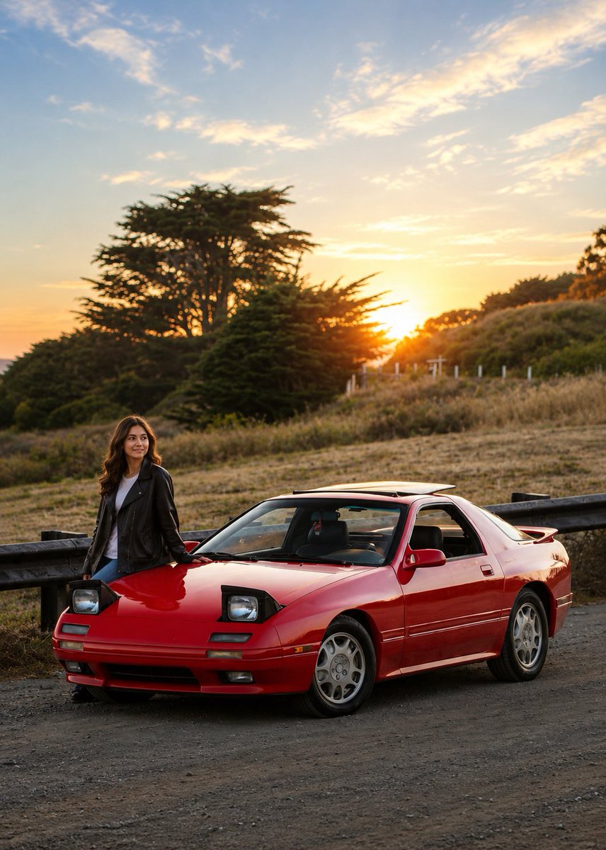 Golden sunset illuminates a woman and a red Mazda RX-7 FC.