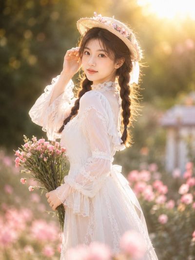 Golden hour glow illuminates a woman in a white lace dress