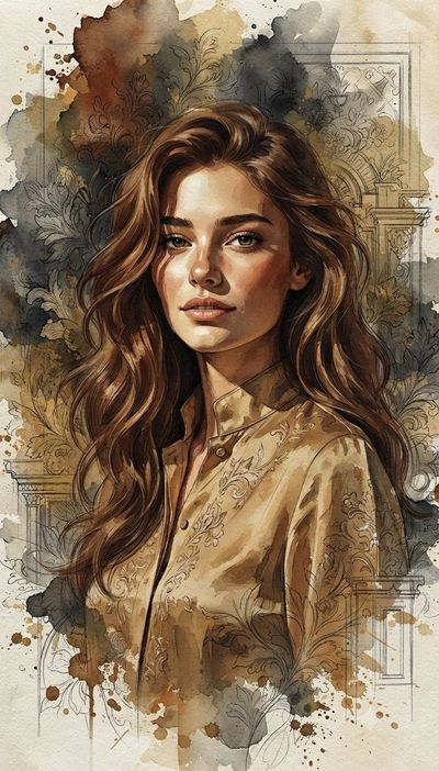 Elegant watercolor portrait with floral linework in vintage tones