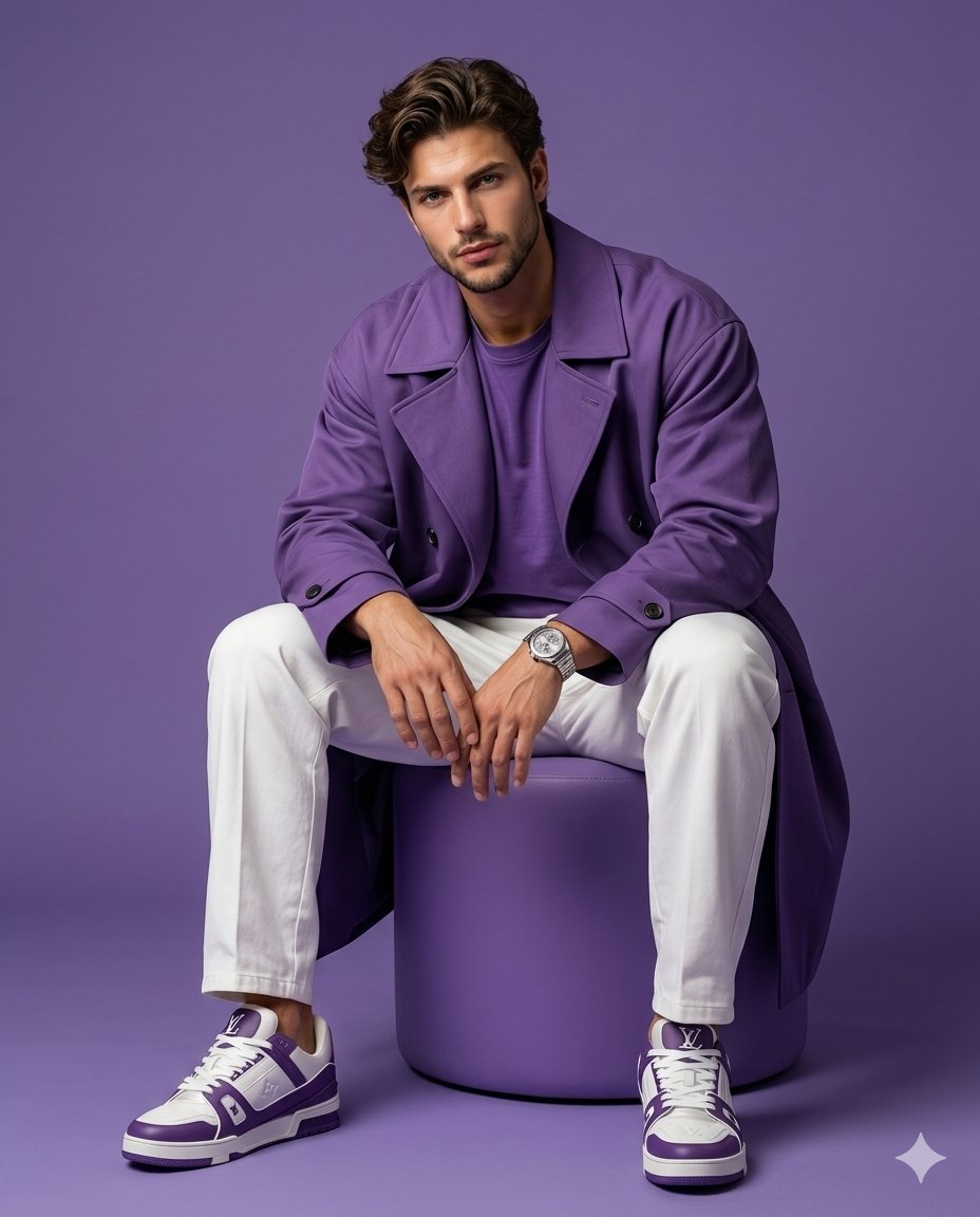 A seated model in purple trench coat gazes confidently at camera