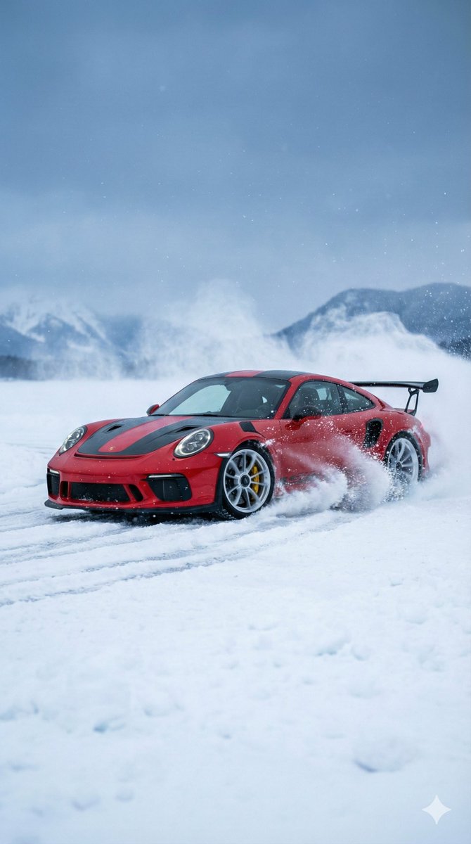 Red Porsche Drifting Through a Snowstorm