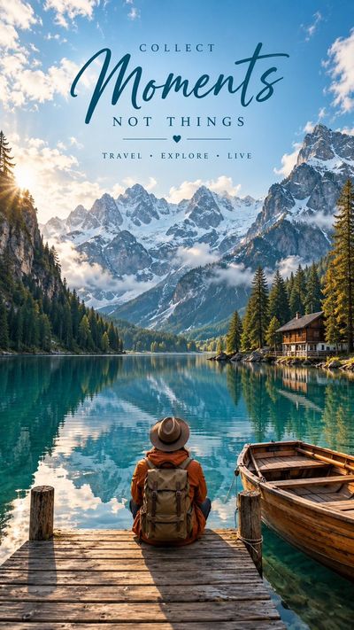 Solo traveler sits on dock gazing at alpine lake reflections