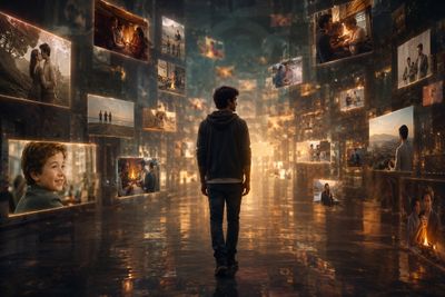 A man walks through a corridor of glowing floating memories