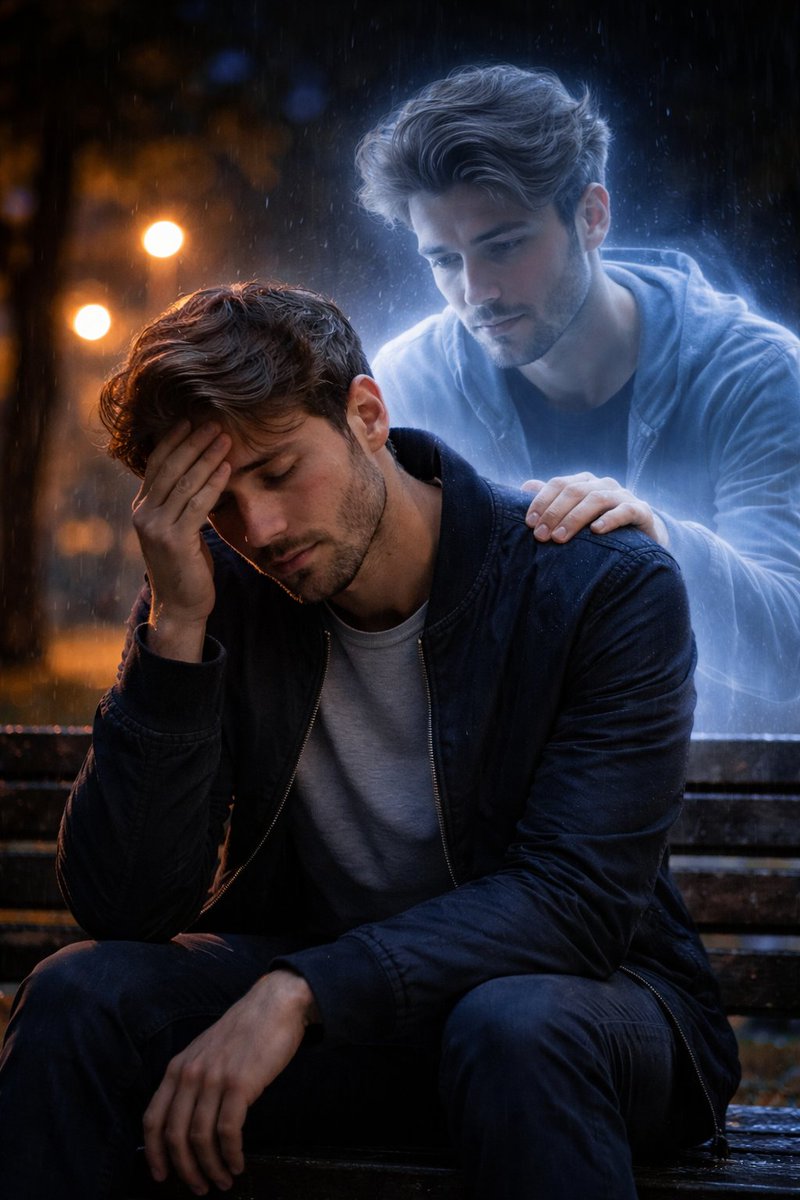 Silent Solace: A Man’s Inner Spirit Comforts Him in Rainy Night