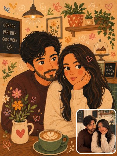 Young couple shares a warm coffee date in a cozy café