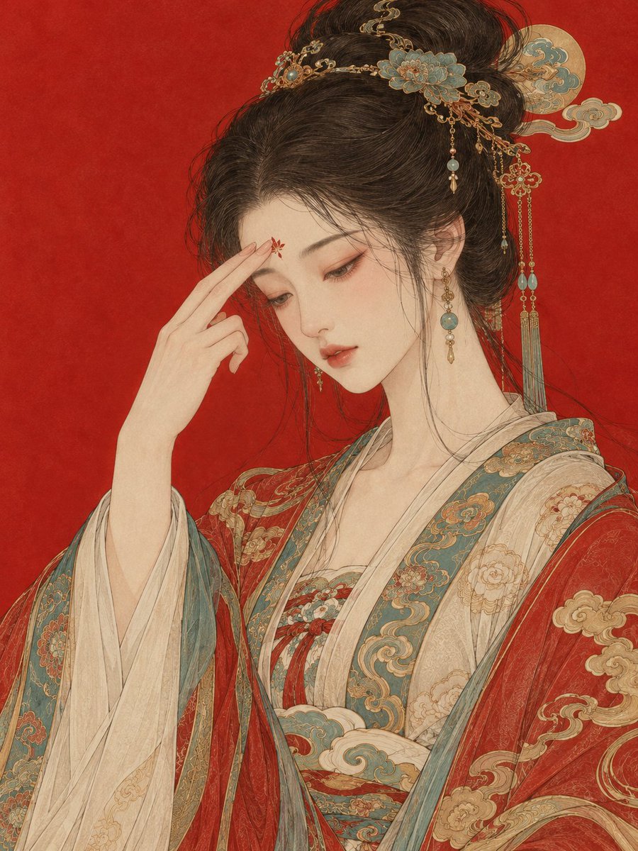 Eastern Figure Touches Forehead in Fine Line Art