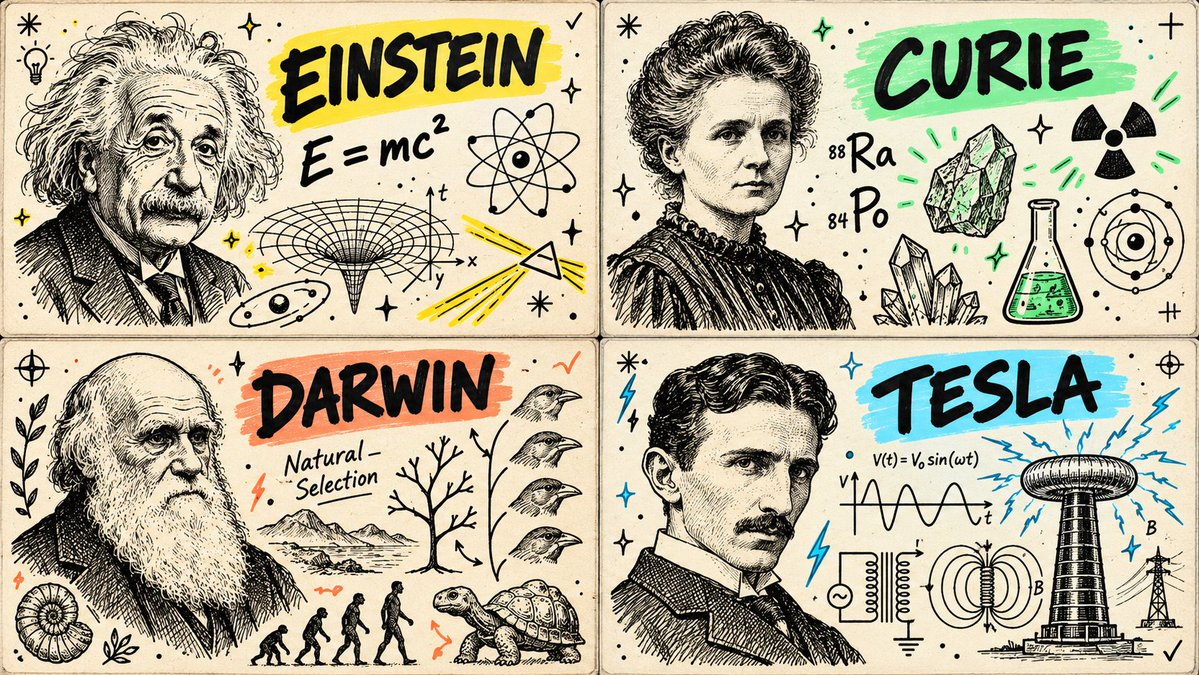 Loose Ink Sketch Portraits of Four Iconic Scientists on Aged Paper Grid