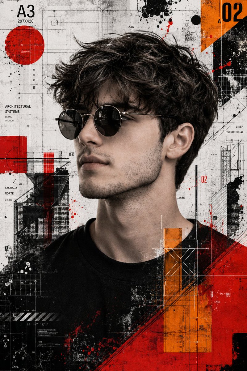 Side profile man with round sunglasses in Trash Polka style