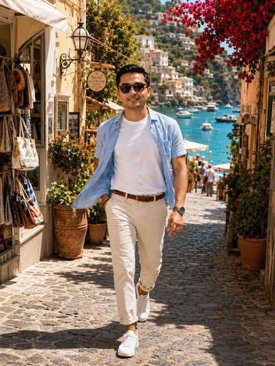 A smiling traveler strolls a cobblestone lane toward the sea.