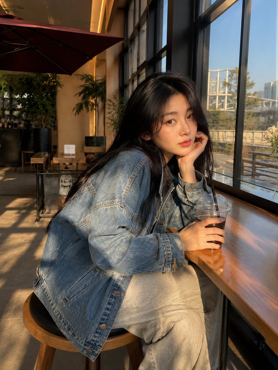 A young woman in a denim jacket glances back in golden sunlight.