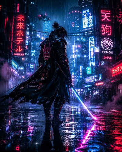 A futuristic samurai walks through neon-lit cyberpunk rain.