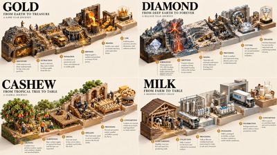 Isometric diorama shows gold supply chain from mine to market in five stages
