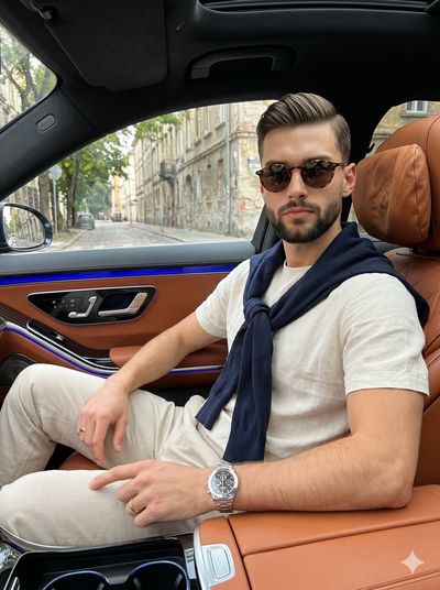 A confident man in tortoiseshell sunglasses sits in a luxury car