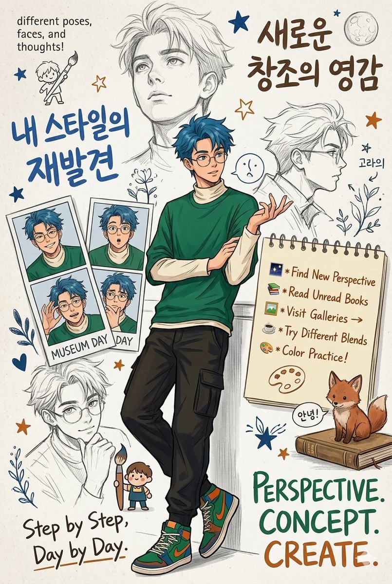 A blue-haired artist stands surrounded by sketches and motivational notes.