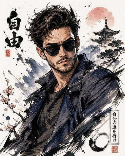 Dynamic Half-Body Japanese Character Sketch