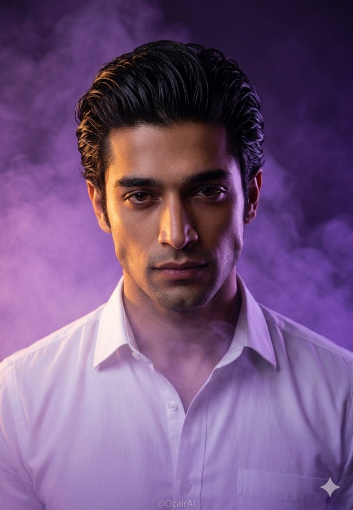 A man with sharp jawline stares through purple fog