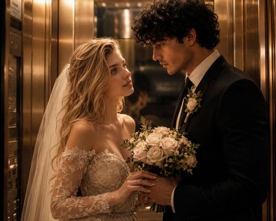 A couple shares a romantic moment in a golden-lit lift.