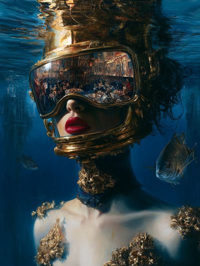 A woman in a gold steampunk helmet poses underwater with fish.