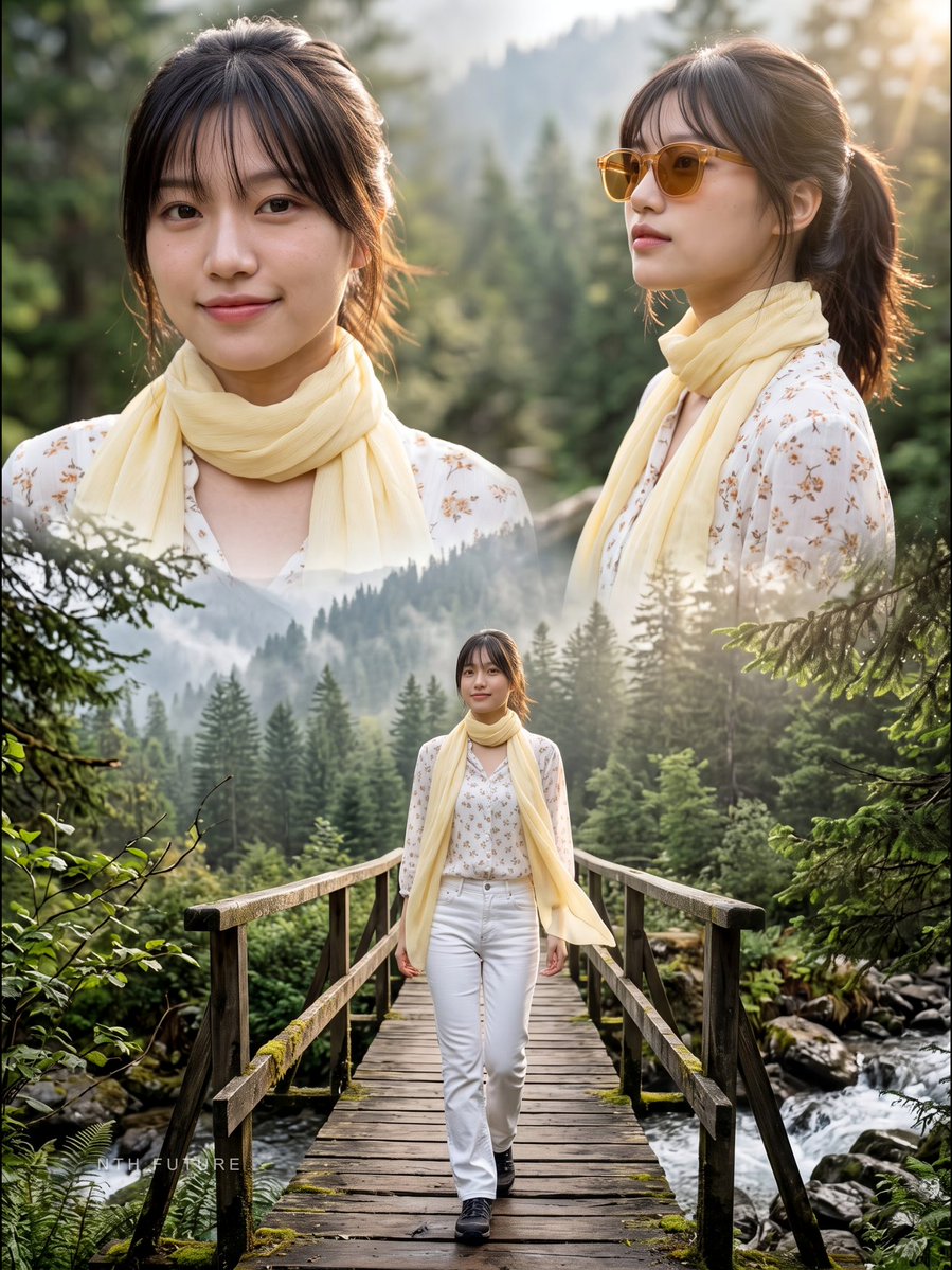 Three Views of Woman Merge in Misty Mountain Forest Portrait