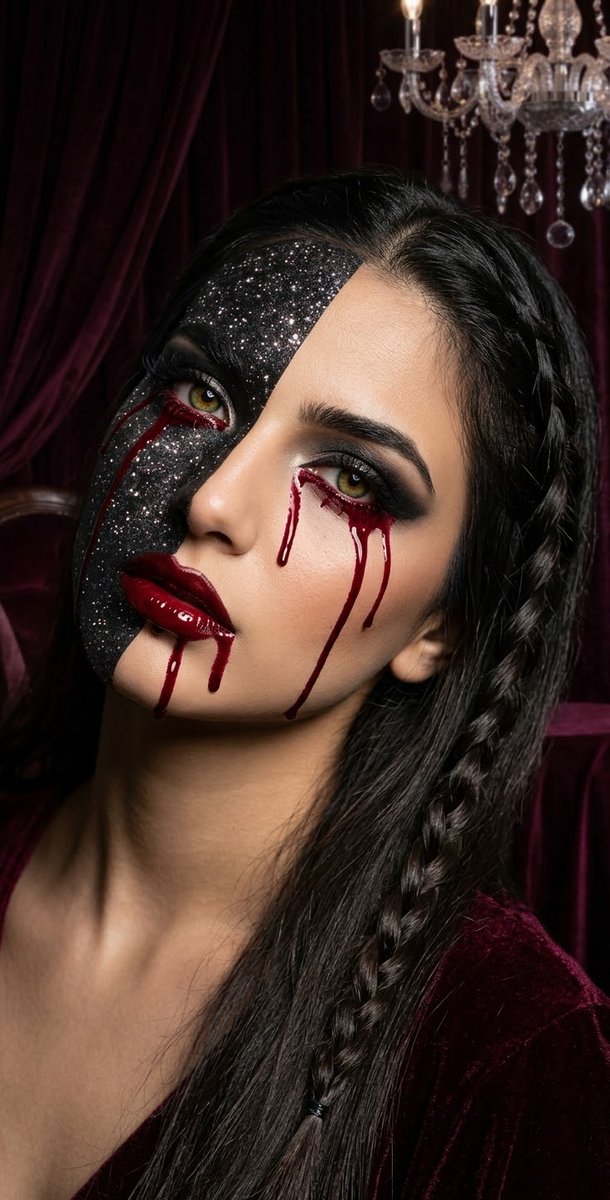 Gothic woman with split glitter and natural skin sheds blood tears