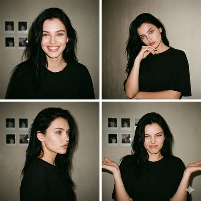 A collage captures four moods of a woman with messy hair