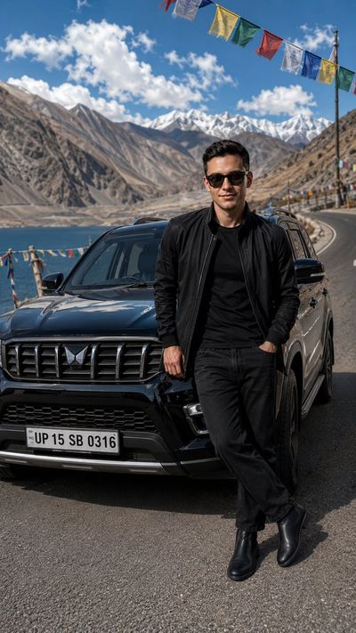 Ethan leans against a black Scorpio-N in Ladakh's rugged terrain