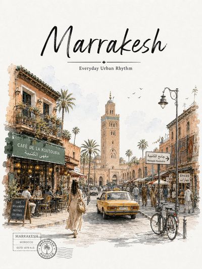 Koutoubia Mosque rises above a bustling Marrakesh street scene.