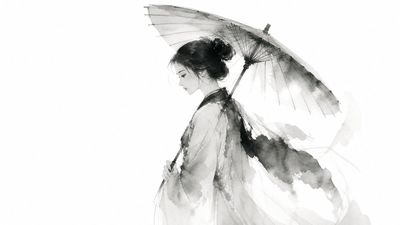 A solitary mountain peak emerges through misty ink wash strokes
