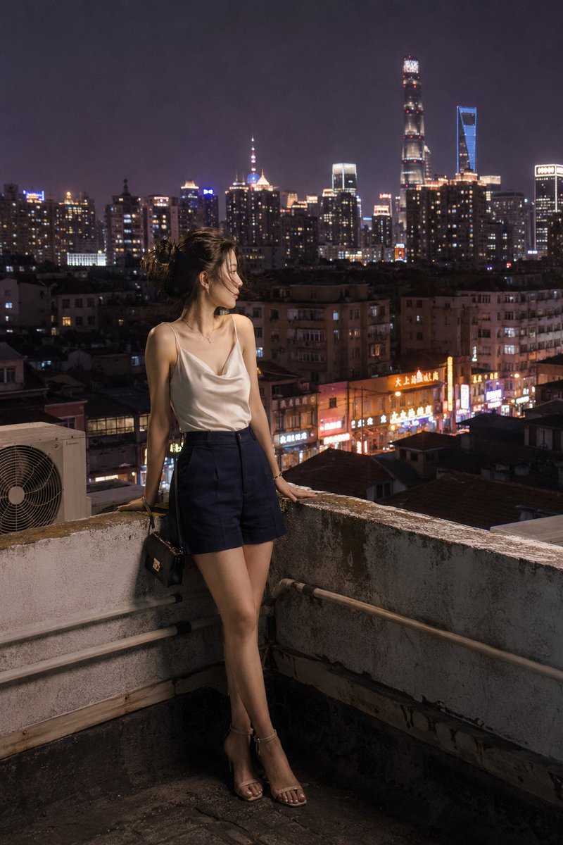Young woman leans on shikumen rooftop railing at night