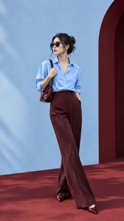 Korean-Japanese model poses in powder blue and burgundy editorial