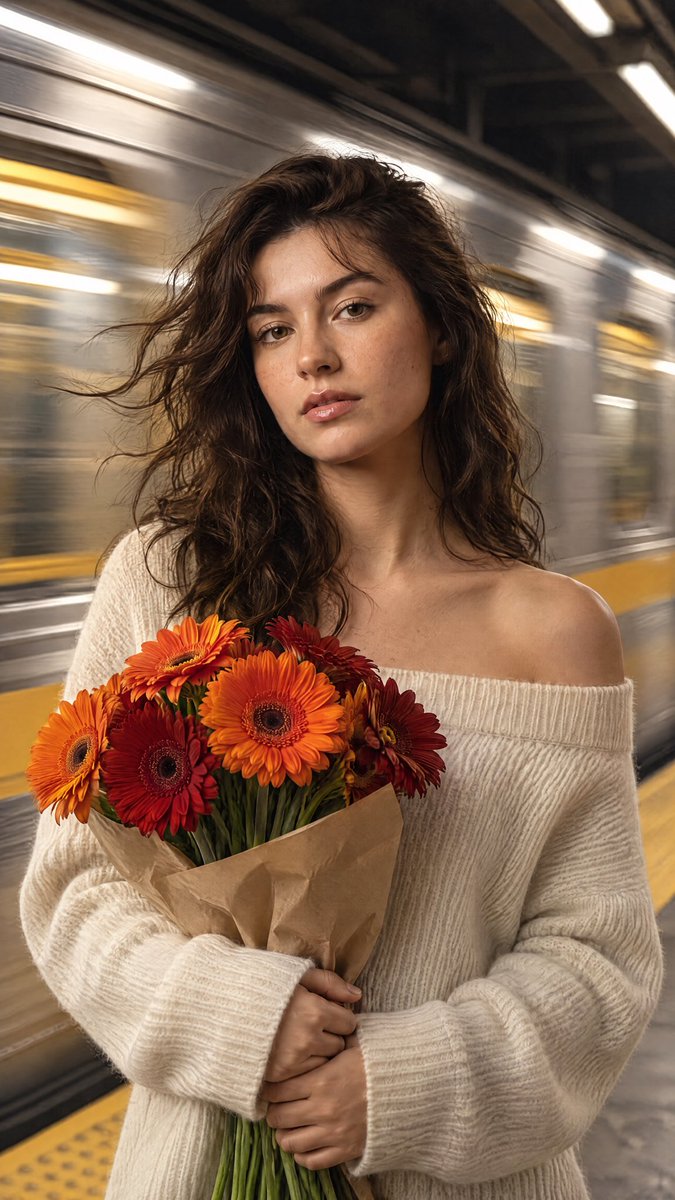 Stillness Amid Motion: Woman with Daisies Waits as Subway Blurs By
