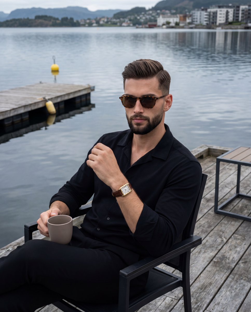 Man in black shirt sits on deck overlooking a calm lake