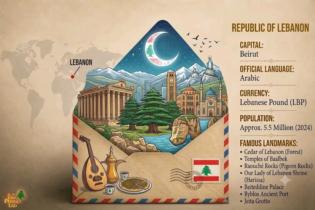 Lebanon emerges from an ornate airmail envelope in vintage style