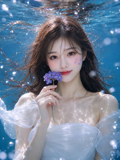 A model floats underwater with purple flowers in a sunlit tank