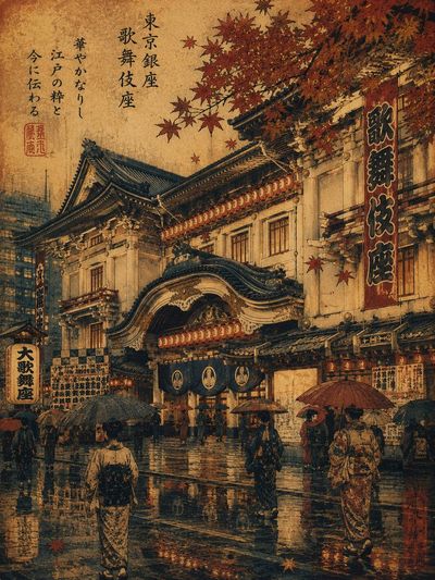 Tokyo Dome glows warmly under autumn rain in ukiyo-e style