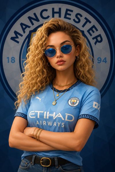 A stylish young woman poses confidently in a Manchester City jersey.
