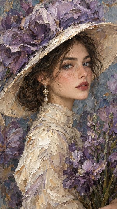 Lavender Hat Woman Gazes in Impasto Oil Portrait Painting
