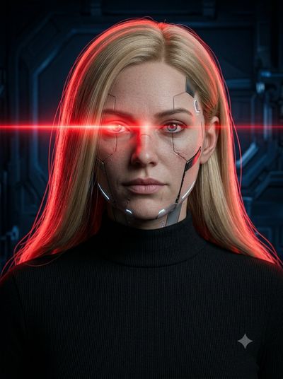 Futuristic android woman stares through red laser beam