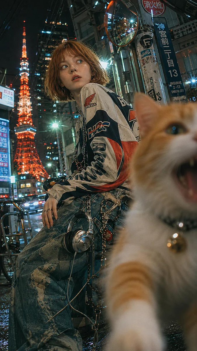 Model turns head in shock as cat photobombs Tokyo alley