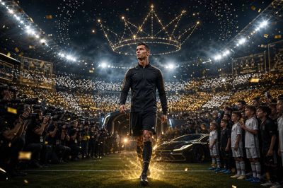 Ronaldo stands in a futuristic stadium beneath glowing CR7 drones.