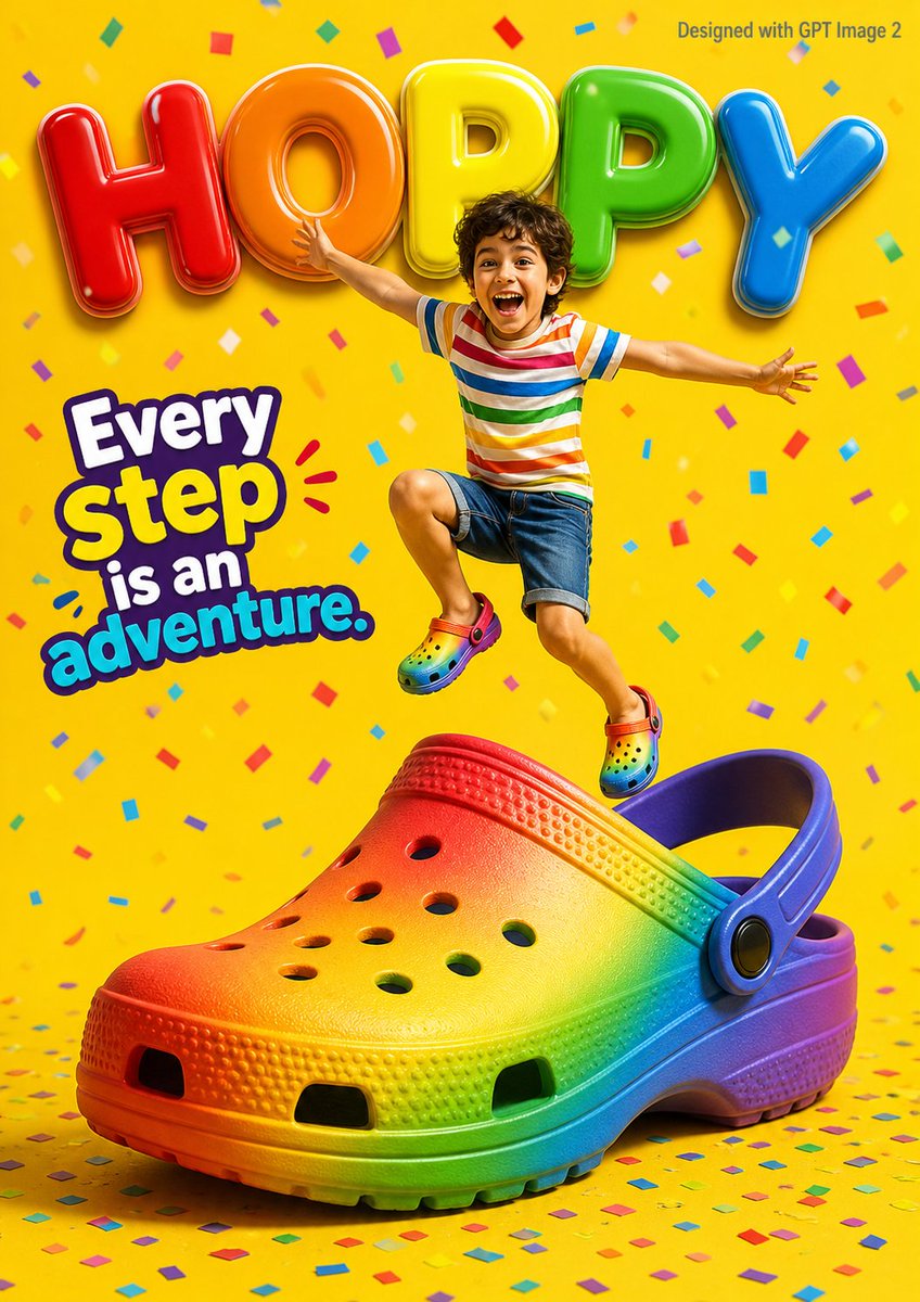 Rainbow Clog Kids Shoe Ad Poster with Jumping Boy