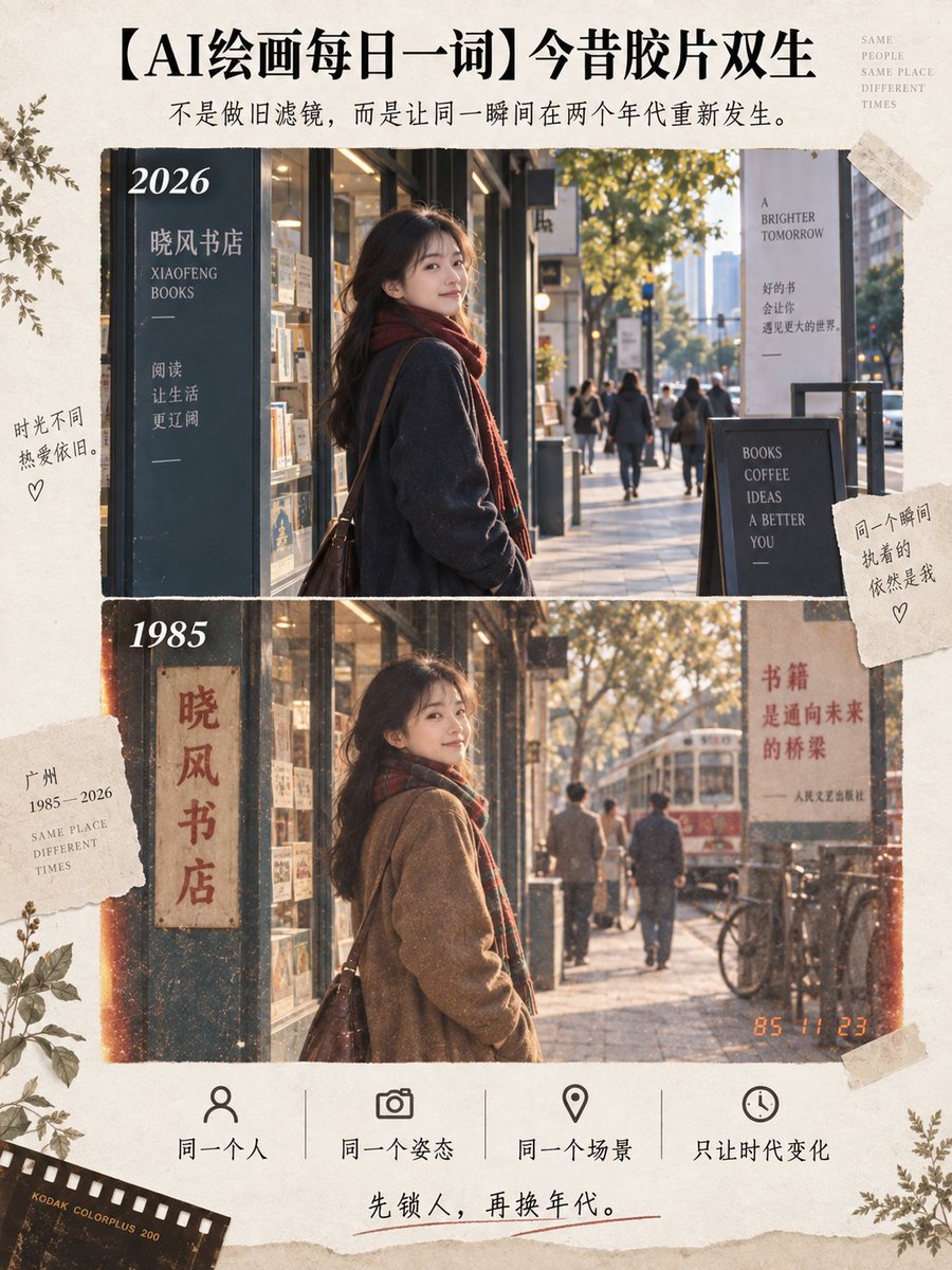 A split-screen portrait bridges 2026 and 1985 with film grain