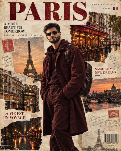 Handsome man in burgundy jacket poses on vintage Paris magazine cover