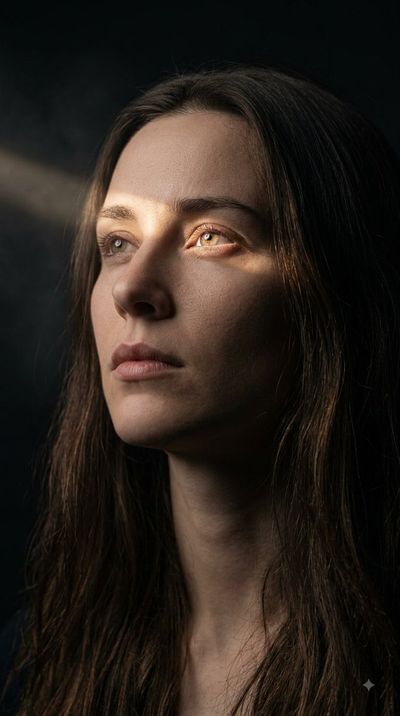 Golden sunbeam highlights amber eyes in moody cinematic portrait
