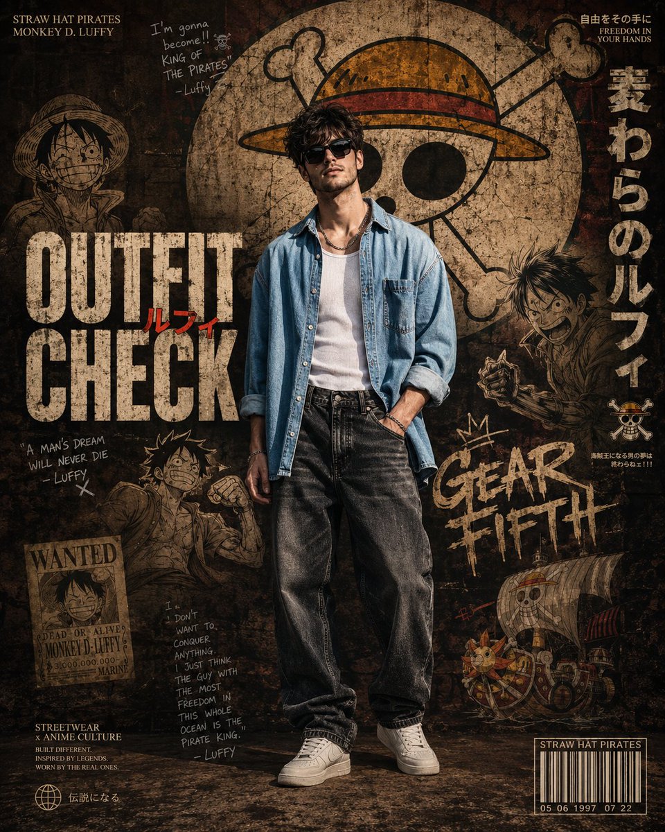 Young man in denim jacket poses with One Piece skull logo
