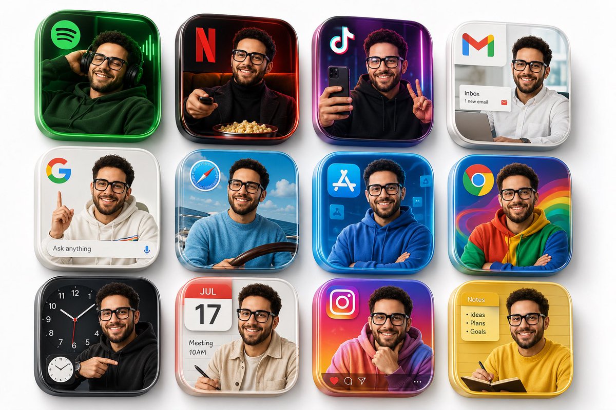 Twelve glossy app icons display the same man in different styles.