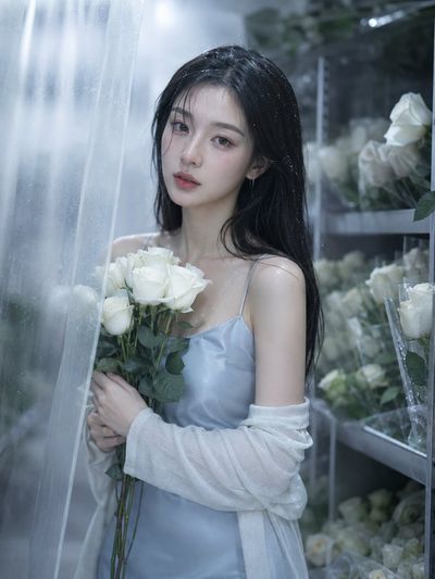 Korean minimalist in icy blue slips through cold storage rose room