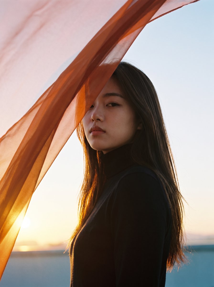 Dusk silhouette glows with translucent orange fabric over face
