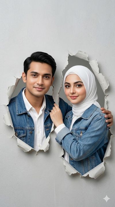 Moroccan couple in denim jackets emerges from torn paper holes