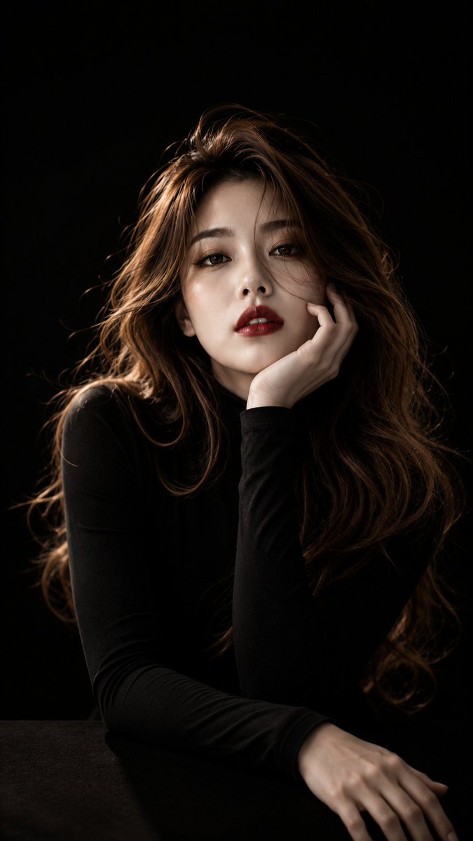 East Asian woman rests chin on hand in dramatic Rembrandt light